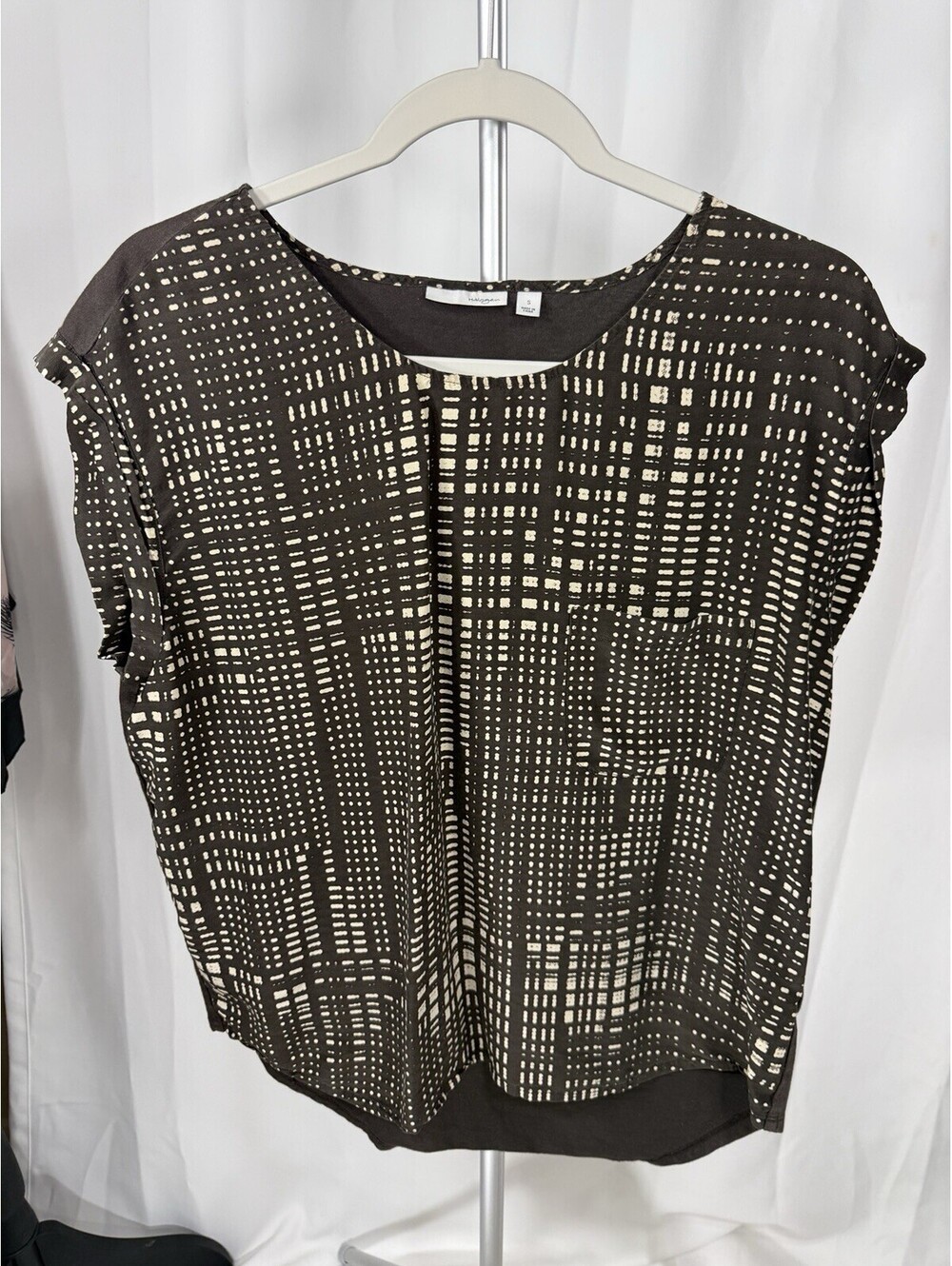 Halogen Womens S Silk Blend Top Brown Geometric Print Cap Sleeve Boho Minimalist